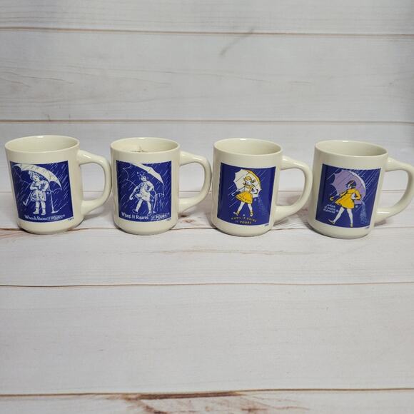 Vintage Morton Salt Mugs 1914 1921 1956 and 1968 - When It Rains It Pours - Picture 2 of 7